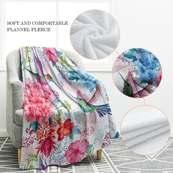 Jekeno Hummingbird Floral Blanket Birthday Mother's for Women Mom Wife Dad Kids Girls Bedroom Living Room Colorful Bird Flowers Decor Soft Cozy Plush Throw Blanket 60"x80"