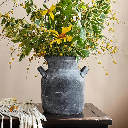 Quoowiit Ceramic Rustic Farmhouse Vase, Distressed Decorative Flower Vases for Home Decor, Ideal Shelf Decor, Grey Boho Vase for Living Room Bedroom Kitchen Office Centerpiece Table Decorations
