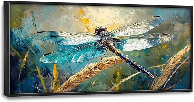 Olivine Dragonfly Wall Art, Vintage Dragonfly Pictures Wall Decor, Nature Painting, Insect Canvas Prints, Framed Artwork for Bathroom Bedroom Living Room Office Home Decoration 60"x30"