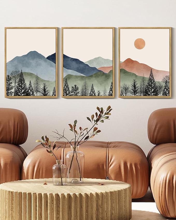KUVIOKE Mountain Landscape Framed Wall Decor Boho Sun Rise Watercolor Nature Art Prints Farmhouse Rustic Bedroom Dining Living Room Decor 11x14in (Natural Framed)