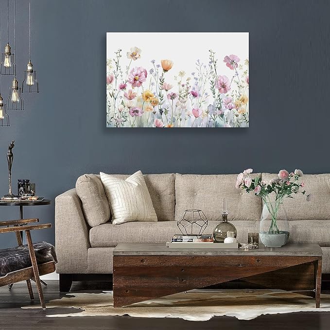 Tucai Decor Floral Wall Art Pink Yellow Purple Flowers Canvas art for Living Room Bedroom Office Watercolor wildflowers Art Prints 32 x 48 inches Ready to Hang