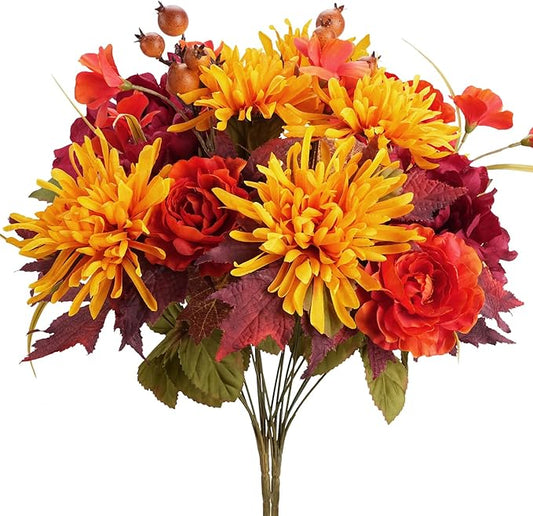 2 Bundles Artificial Fall Flowers Mixed Bush Artificial Chrysanthemum with Fake Roses Autumn Faux Flowers for Cemetery Grave Home Office Wedding Floral Arrangements Decor (19.29")