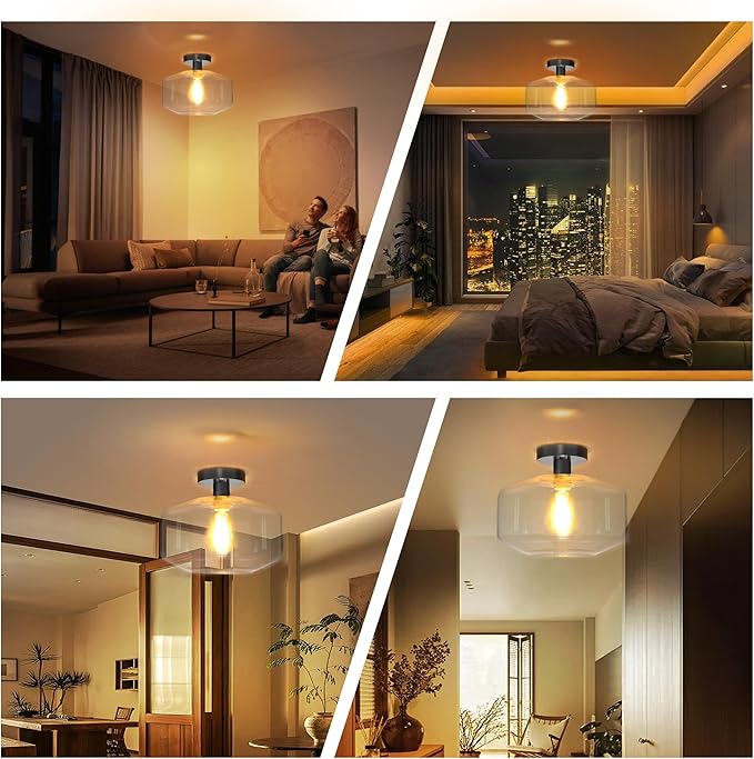 Semi Flush Mount Ceiling Lights, Industrial Ceiling Light, Glass Pendant Lamp Shade,11.8'' Inches Pendant Light Fixtures for Hallway, Entryway, Farmhouse, Kitchen (Black)