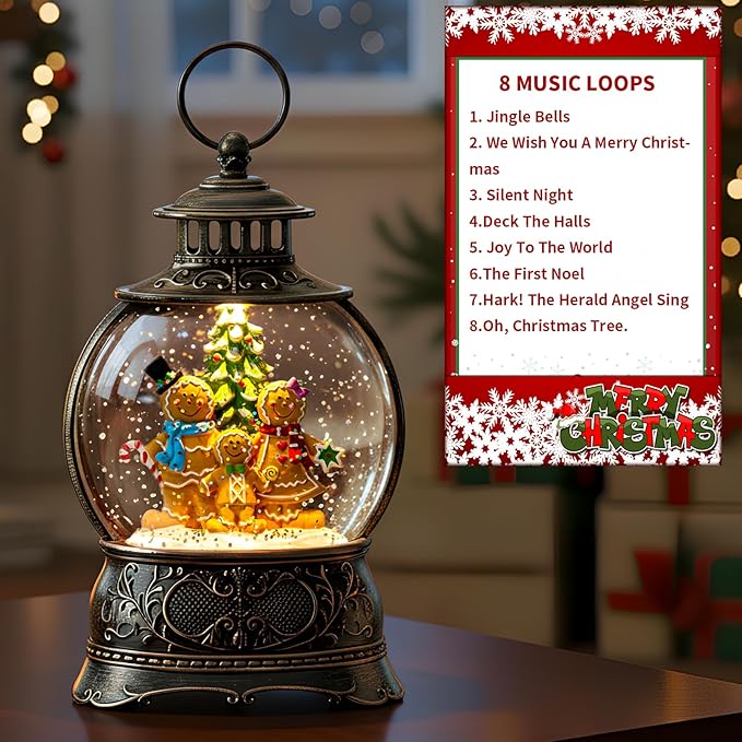Christmas Snow Globe Lighted Gingerbread Man Family Scene, Musical Snow Water Lantern Swirling Glittering Home Decoration and Gift, Battery Operated or USB Powered