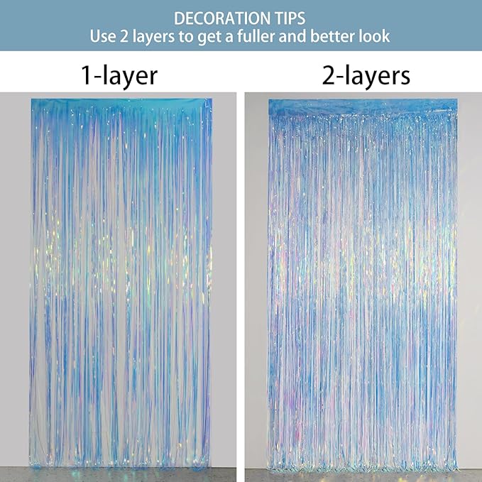 Melsan Iridescent Foil Fringe Backdrops Party Decorations - 2 Pack 3.2 x 6.5 ft Metallic Tinsel Photo Backdrop Curtains for Mermaid Unicorn Birthdays Parties - Iridescent 2 Packs
