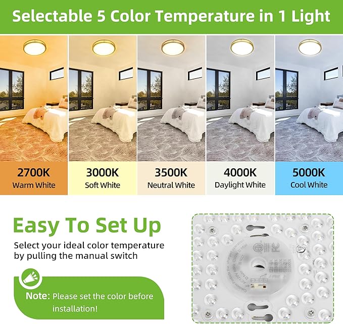 hykolity 16 inch Dimmable LED Flush Mount Ceiling Light Fixture, Gold, 36W, 2200LM, 2.7/3/3.5/4K/5K Adjustbale, 120°Light Angle, CRI90, Ceiling Lamp for Bedroom, Kitchen, Office, ETL Listed