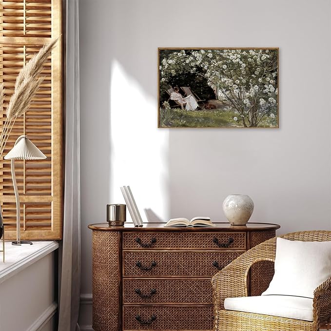 KBKBART Framed Vintage Canvas Wall Art, Retro French Country Garden Women Flower Classical Painting Bedroom Art Print, Rustic Vintage Wall Decor Ready To Hang for Bathroom, Living Room, Office,