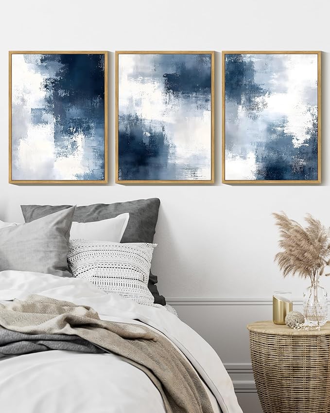 KUVIOKE Navy Blue Abstract Wall Art Framed Neutral Brush Strokes Block Shape Mid Century Art Prints Minimalist Modern Illustrations Bedroom Hallway 12x16in (Natural Framed)