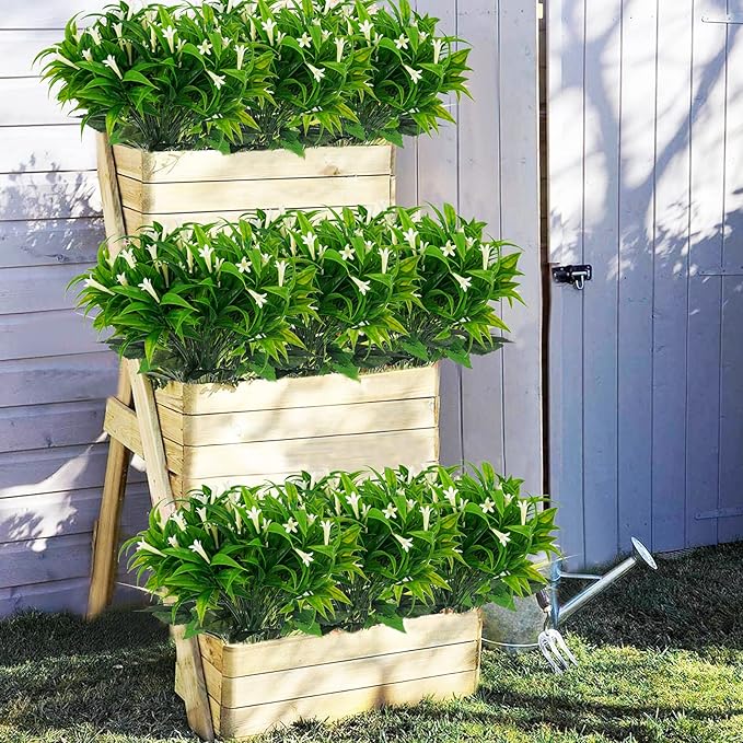 Uieke 6Pcs Outdoor Artificial Plants UV Resistant Fake Morning Glory Plastic Plants Shrubs Greenery Foliage for Hanging Planter Garden Patio Sidewalk Décor White