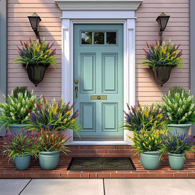 Artificial Flowers for Outdoor Plants 24 Bundles Fake Lavender Plastic Faux Monkey Grass for Verandah Window Garden Office Patio Front Porch UV Resistant for Planter(5 Colors)