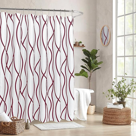Biscaynebay Textured Fabric Shower Curtain for Bathroom 72 Wx72 L, Burgundy Printed Striped Linen Modern Hotel Luxury Quality Cloth Bathroom Curtains Machine Washable