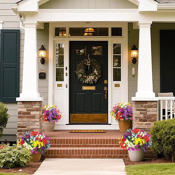 16 Bundles Artificial Silk Flowers Outdoor UV Resistant, Realistic Faux Plants for Spring Wedding Home Decor - Hanging Box Planter Garden Porch Patio Yard Decoration