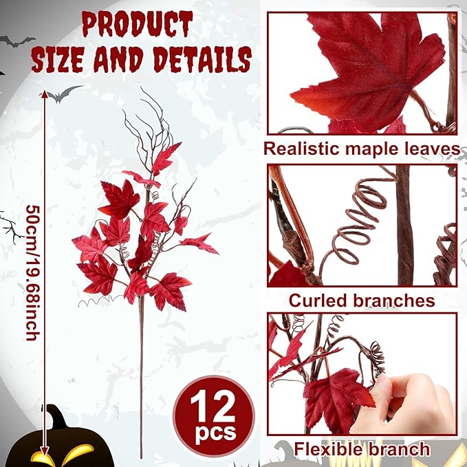 12 Pcs 19.7 Inch Artificial Halloween Flowers Decorations Burgundy Floral Stem Leaves Picks Branches Gothic Halloween Table Decorations for Home Indoor Party Vase Arrangement Decor
