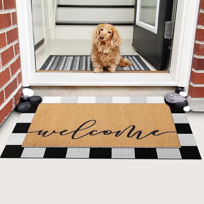 2 Pcs Door Mat Welcome Non Slip Coir Mats Black White Buffalo Plaid Checked Floor Layering Doormats Seasonal for Front Porch Entryway Decor(Welcome)