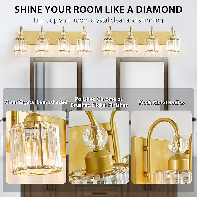 Bathroom Vanity Light Fixtures Over Mirror - Makeup Lighting Pure Gold - for Modern Wall, Bath, Desk, Farmhouse, Hallway - 4 Crystal Lights