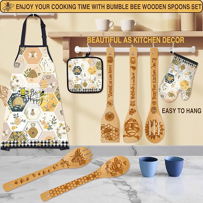8PCS Bumble Bee Bamboo Cooking Utensil Spoon with Apron Oven Mitt Potholder for Kitchen Decor,Honey Bee Themed Gifts for Women,Kitchen Pot Holder Sets for Housewarming,Birthday