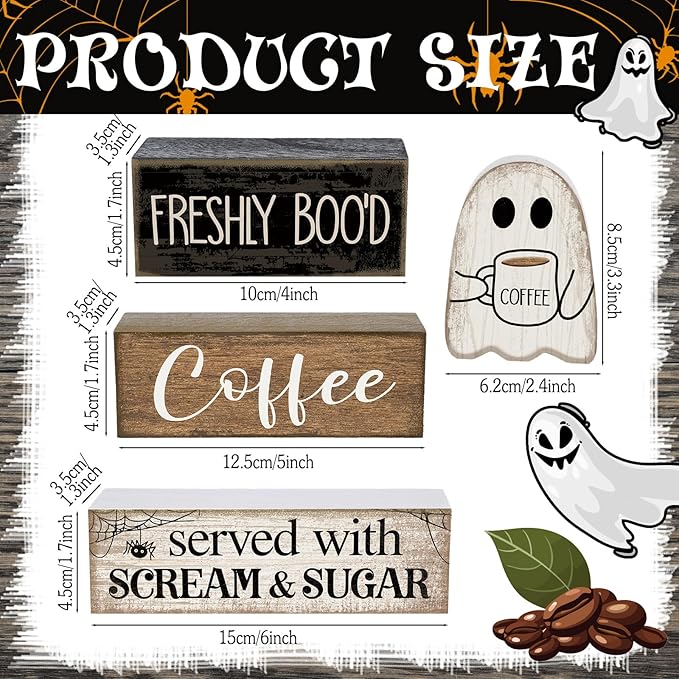 4 Pcs Halloween Table Decor Coffee Ghost Wooden Sign Halloween Tiered Tray Decor Farmhouse Ghost Tabletop Centerpiece Decorative Coffee Bar Block Signs for Home Office Kitchen Shelf