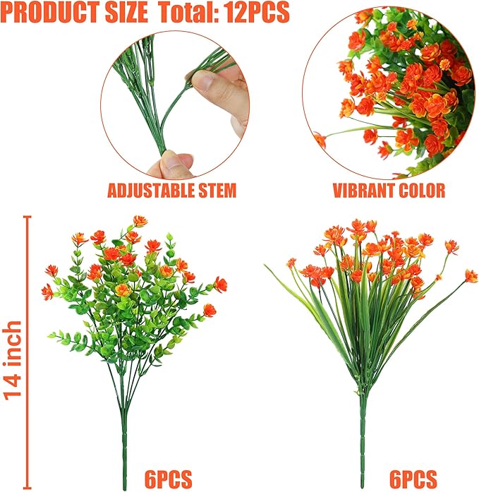 Sggvecsy Artificial Fall Flowers for Outdoors 12 Bundles UV Resistant Boxwood Shrubs Fake Plants for Autumn Harvest Thanksgiving Farmhouse Garden Home Indoor Outdoor Decoration(Orange)