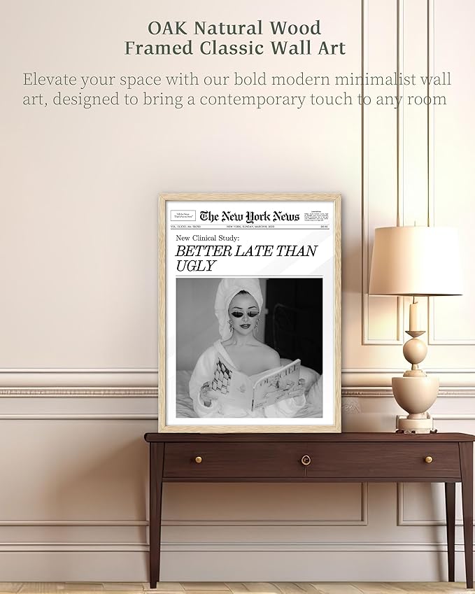 iHery Natural OAK Wood Trendy Retro Newspaper Headline Framed Wall Art, 12x16 in Better Late Than Ugly Poster Vintage Canvas Print, Beige Frame Logs Preppy Funky Bathroom Décor Living Room Set of 1
