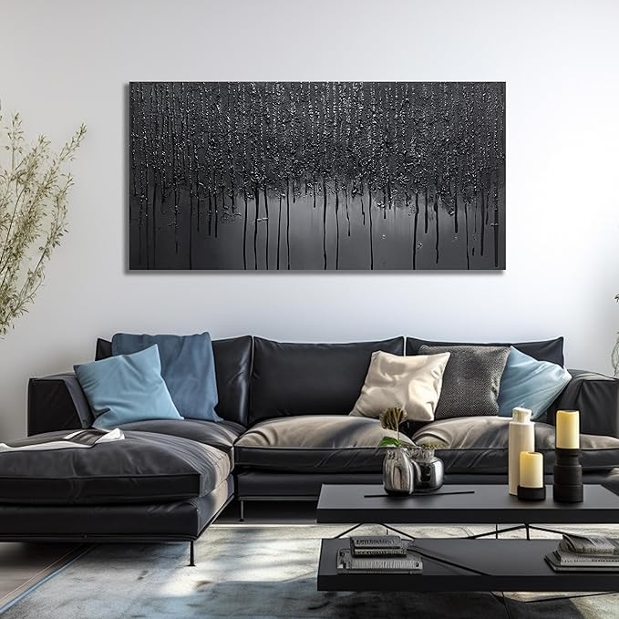 Black Hand Painted Wall Art for Office Abstract Wall Decor for Living Room Big Wall Art for Bedroom Men Size 29 x 58 Inch