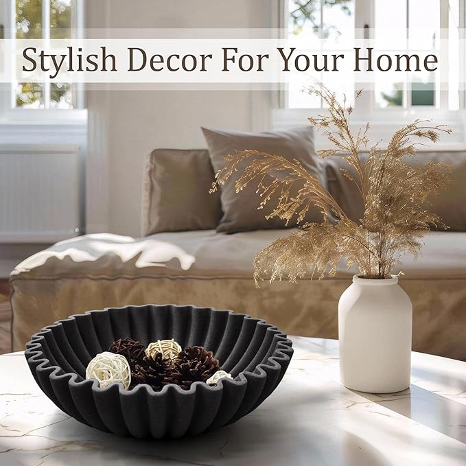 Ruffle Decorative Bowl, Large Fruit Bowl for Kitchen Counter, Stylish Key Bowl for Entry Table, Handcrafted Home Decor Display bowl, Artificial Stone Black