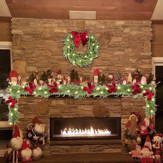 6ft Christmas Garland with Lights,Lighted Norfolk Pine Garland for Mantle,Prelit Real Touch Artificial Green Christmas Winter Garland with Large Burgundy Velvet Bow for Indoor Outdoor Decor
