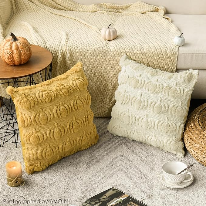 AVOIN colorlife Fall Pumpkin Beige Caramel Ginger Throw Pillow Covers, 18 x 18 Inch Seasonal Autumn Thanksgiving Harvest Soft Plush Faux Fur Jacquard Cushion Case Decoration for Sofa Set of 4