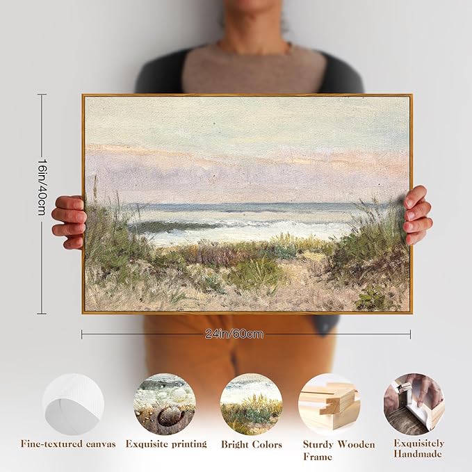 crmotu Beach Framed Wall Art, Coastal Landscape Canvas Prints, Ocean Wave Vintage Wall Decor, Nature Scenery Rustic Wall Paintings for Living Room Bedroom Bathroom Kitchen Decorations 16x24in