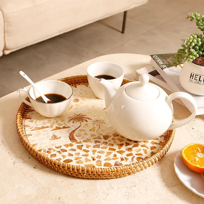 Round Rattan Tray with Mother of Pearl Inlay & Wooden Base - Decorative Wicker Serving Tray for Coffee/Bread/Fruits, Food Storage & Display - Multipurpose Home Decor (L,Island)