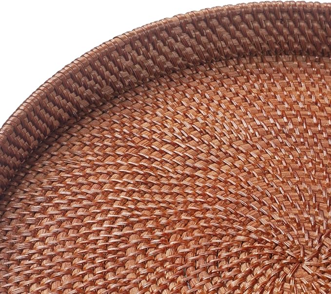 16.9 inch Round Rattan Tray, Woven Large Serving Tray with Handles, Wicker Serving Basket, Coffee Table Decor for Living Room, Reddish-Brown