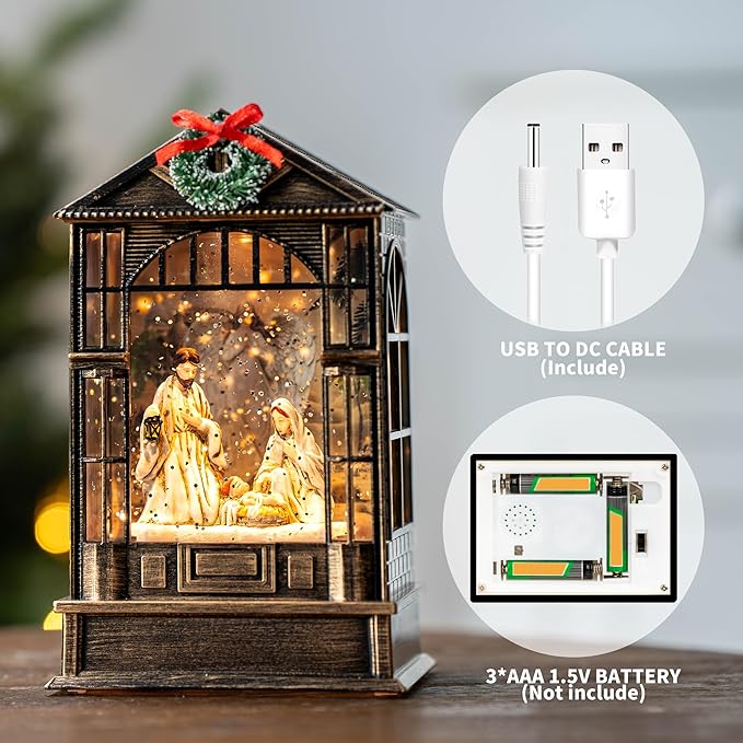 Christmas Snow Globe, Lighted Angel Guarding Nativity Scene, Musical Snow Water Lantern Swirling Glittering Holiday Decoration and Gift for Family Children or Friends