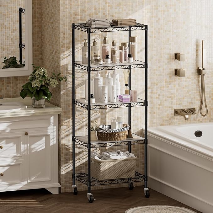 SINGAYE 5 Shelves Storage Shelf Wire Closet Bathroom Organizers Metal Pantry Kitchen Small Garage Shelving Unit Laundry Room Organization Home Narrow Rack Net Basket with Wheels Black