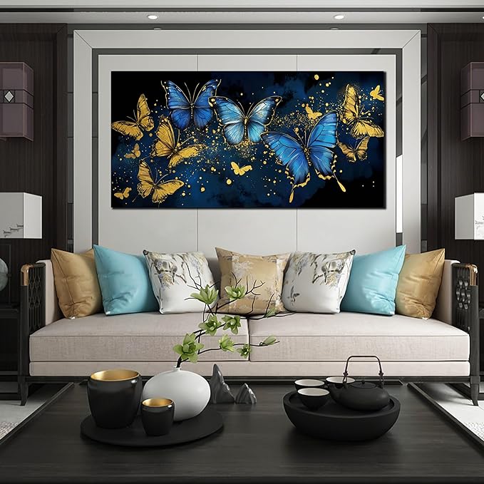 Butterfly Canvas Wall Art for Living Room - Modern Wall Art Office - Blue and Gold Butterfly Wall Art for Bedroom Size 29" x 59"