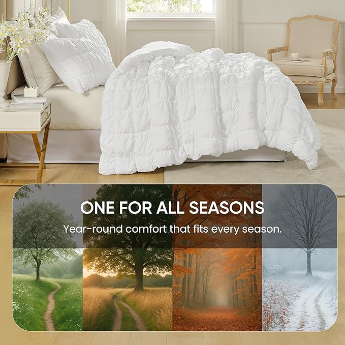 Amelie Home White Bubble Comforter Set King Size, 3 Pieces Ultra Soft Cozy Bedding Set for All Seasons, Farmhouse Luxury Gift for Women Home Decor, 106 x 90 inches