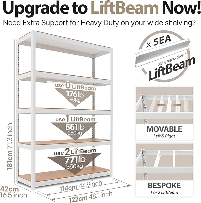 HOMEDANT House Lift-Beam White 48" Wide Boltless Heavy Duty Garage Storage Shelving Adjustable 5-Tier Metal Shelves Laminated Organization Shelf Industrial Utility Rack Pantry Shed Office Store 4Pack
