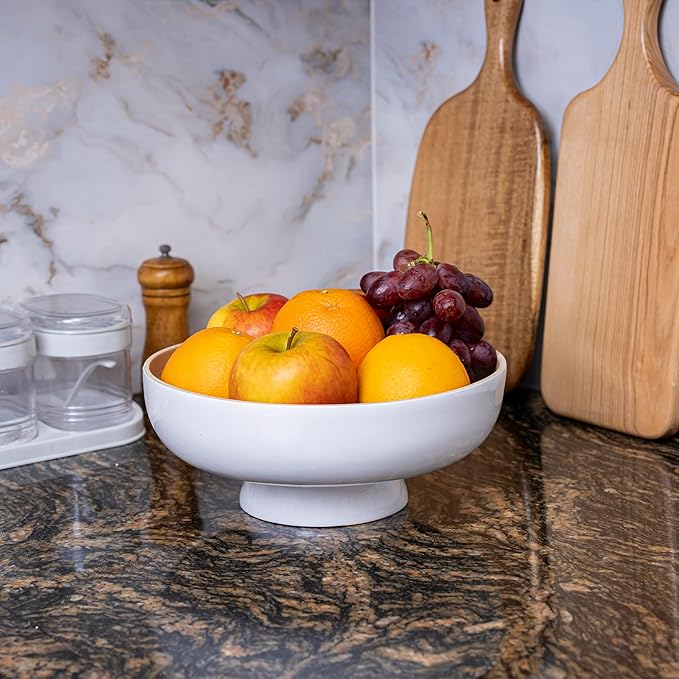 PEMAR 10" Lacquer Bamboo Fruit Bowl for Kitchen Counter, Handmade Large Decorative Pedestal Bowl for Entryway Table Home Decor, Key Bread Candy Snacks Organizer (White Cream)