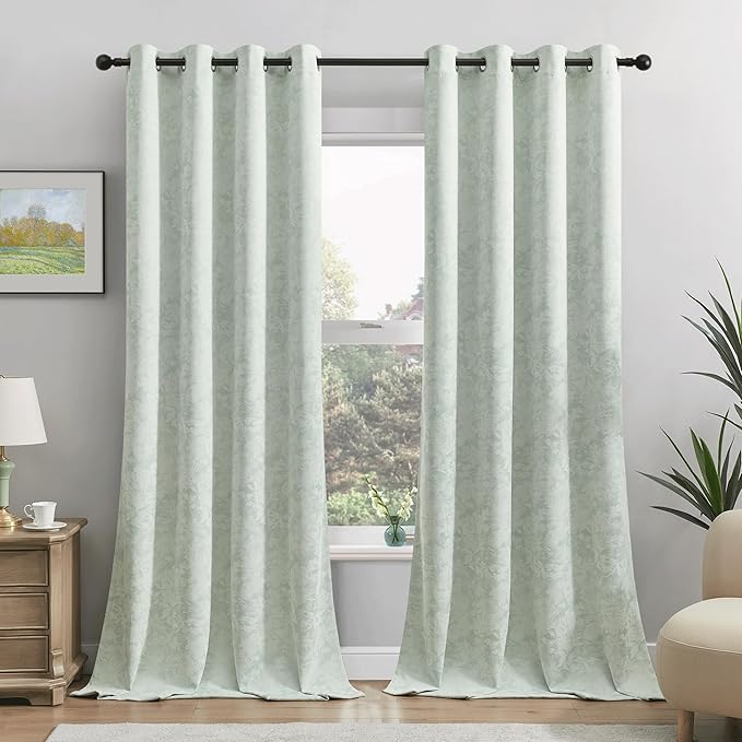 Beauoop Green Floral Jacquard Blackout Curtains 63 Inches Long 2 Panels for Bedroom Living Room Sage Flower Chenille Room Darkening Thermal Insulated Soundproof Grommet Window Treatments Drapes, 52x63