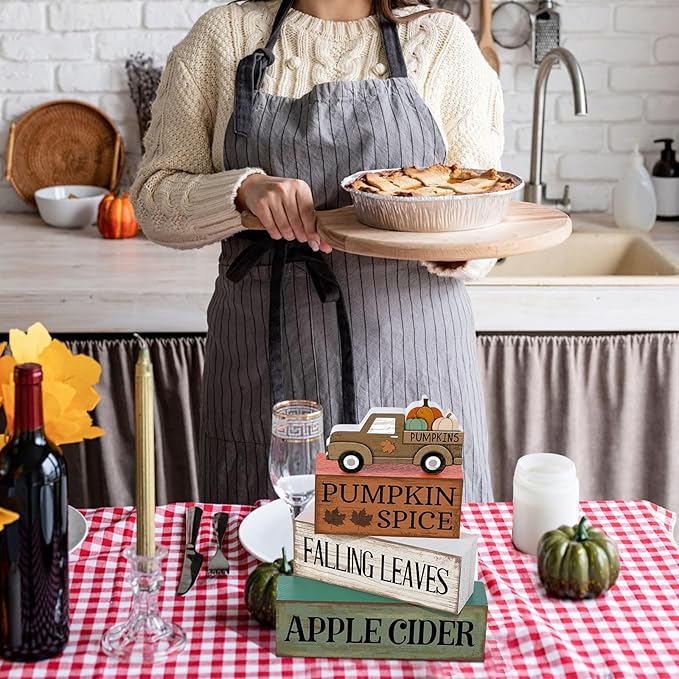 4 Pcs Fall Decorations for Home Fall Table Centerpiece Decor Autumn Tiered Tray Decor Rustic Decorative Truck Block Signs Gift Farmhouse Thanksgiving Table Decoration for Home Kitchen