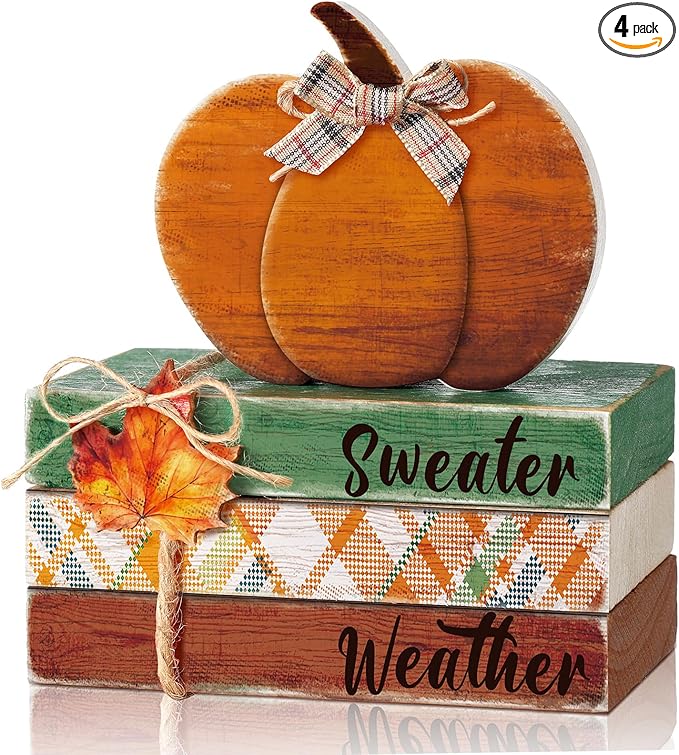 4 Pcs Fall Decorations for Home Fall Tiered Tray Decor Thanksgiving Wood Book Stack with Sign Autumn Stacked Book Decor Bundle for Office Table Shelf Decorative Trays(Pumpkin)