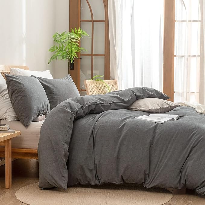 BESTOUCH Duvet Cover Set 100% Washed Cotton Linen Feel Super Soft Comfortable Chic Lightweight 3 PCs Home Bedding Set Solid Dark Grey Super King Plus