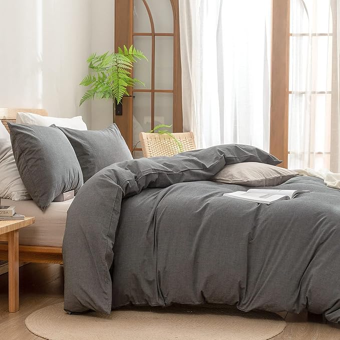 BESTOUCH Duvet Cover Set 100% Washed Cotton Linen Feel Super Soft Comfortable Chic Lightweight 3 PCs Home Bedding Set Solid Dark Grey Super Queen