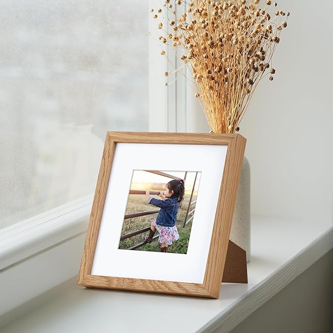 8x8 Picture Frame, Solid Oak Wood 8 x 8 Picture Frames Matted to 4 x 4,Square 8 x 8 Wood Frame with Tempered Real Glass, Rustic 8x8 Photo Frame for Wall & Tabletop Display