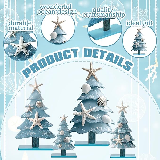 Barydat 4 Pcs Blue Coastal Christmas Table Decorations Wooden Ocean-Themed Christmas Tree Centerpieces Table Decor for Xmas Party Gifts Home Indoor Home Kitchen Office Room Decor
