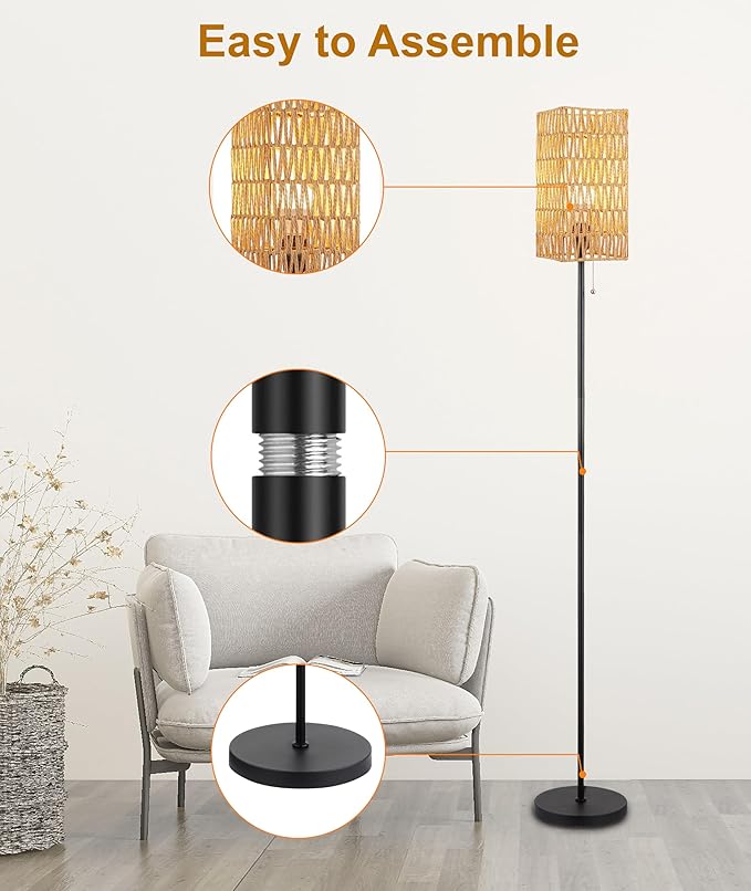 Floor Lamp for Living Room,Farmhouse Rattan Floor lamp,Modern Standing lamp with Hand-Worked Rattan Shade,Black Tall Lamp with Chain Switch (Square Shade)