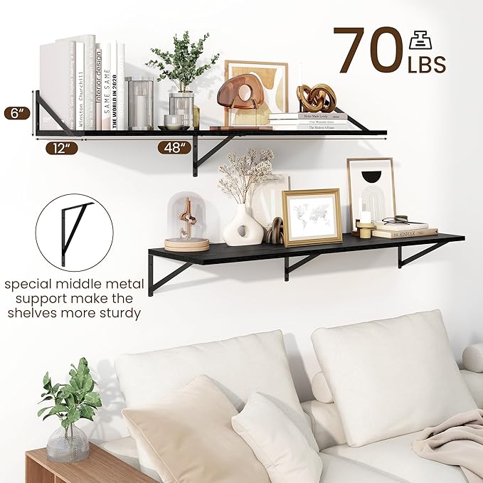Fun Memories Floating Shelves for Wall, 12 Inch Deep Floating Shelves Set of 2, 48W x 12D Large Wall Shelf with Sturdy Metal Brackets for Living Room, Bathroom, Bedroom and Kitchen, Black