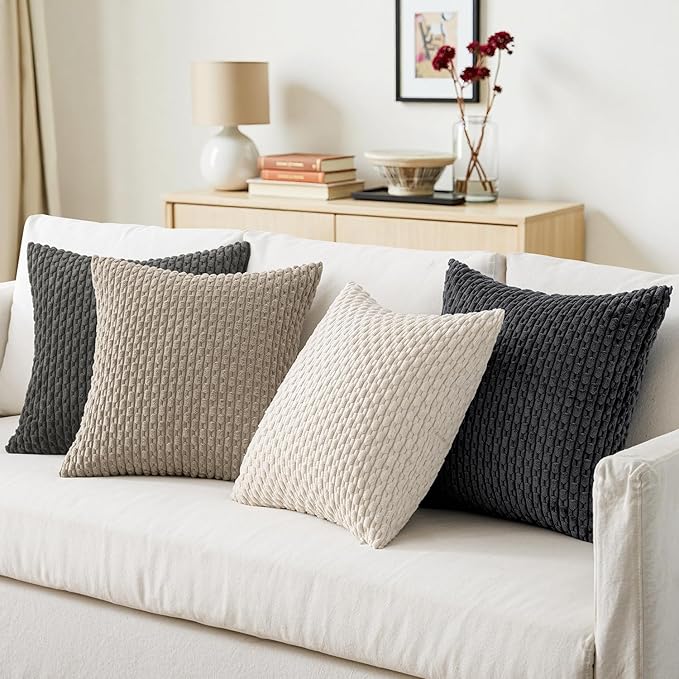 MIULEE Throw Pillow Covers Soft Couch Decorative Set of 4 Boho Striped Neutral Cushion Covers Corduroy Pillowcases Mid Century Farmhouse Home Decor for Couch Bed Sofa Living Room 18x18 Inch Grey