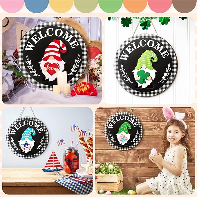 Qunclay Interchangeable Wooden Gnome Decor Holiday Seasonal Gnome Decorations with Magnet Pieces and Detachable Hats Changeable Welcome Sign for Home(Stylish)