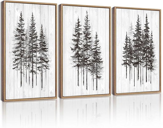 KUVIOKE Modern Pine Tree Framed Wall Decor Nature Forest Wall Decor Vintage Rustic Minimalist Paints for Farmhouse Bedroom Dining Room Decor12x16in (Natural Framed)