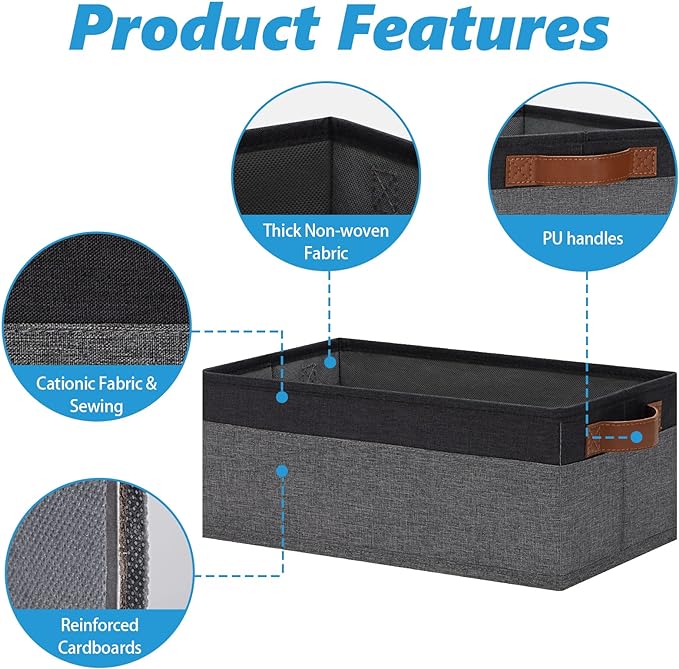 GhvyenntteS Small Fabric Storage Bins 12 Pack, 11.8" x 7.87" x 5.11" Storage Basket with Leather Handles, Closet Storage Bins for Shelves, Storage Baskets for Shelves, DVD Storage (Grey/Black)