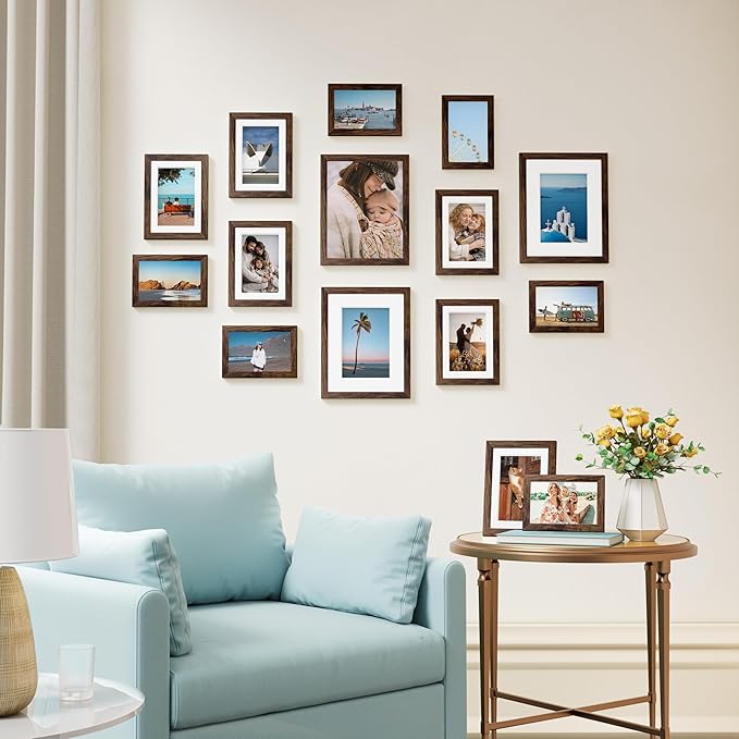 Vittanly 15 Pack Picture Frames Collage Wall Decor for Mounting or Tabletop Display, Gallery Frame Set for Family, Multi Sizes Including 3pcs 8x10, 6pcs 5x7, 6pcs 4x6, Brown